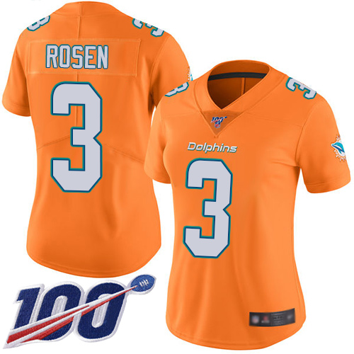 Nike Miami Dolphins #3 Josh Rosen Orange Women Stitched NFL Limited Rush 100th Season Jersey->women nfl jersey->Women Jersey
